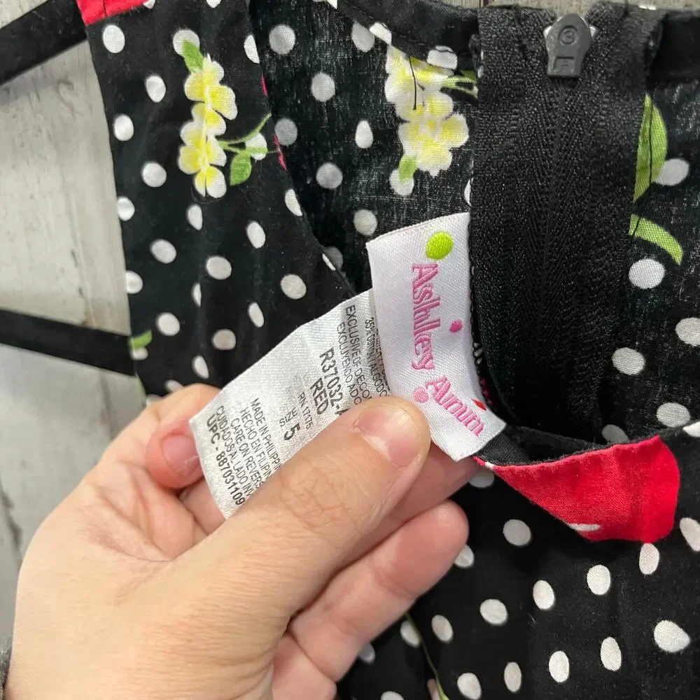 Ashley Ann Black Red Polka Bow Full Skirt Dress Cherry Fruit Flowers Girls 5